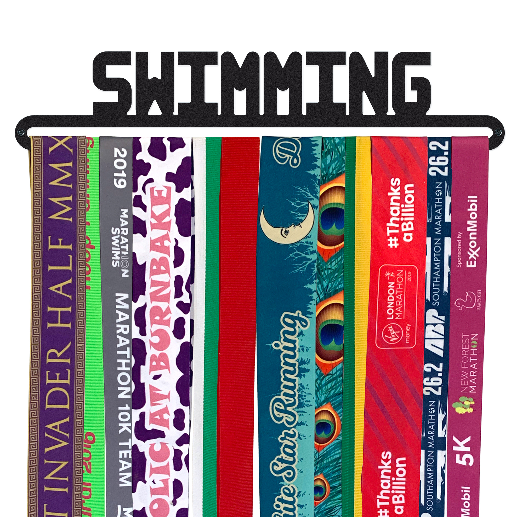 medal hanger display metal award ribbon holder ideas wall mountable black rack bar organiser case extender hook prize stand trophy showcase competition sport lover sporty gift race racing athletic male female swimming swimmer swim